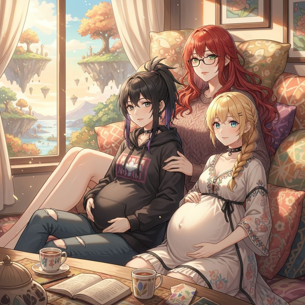 Anime Style Portrait: Woman with Red Hair and Friends