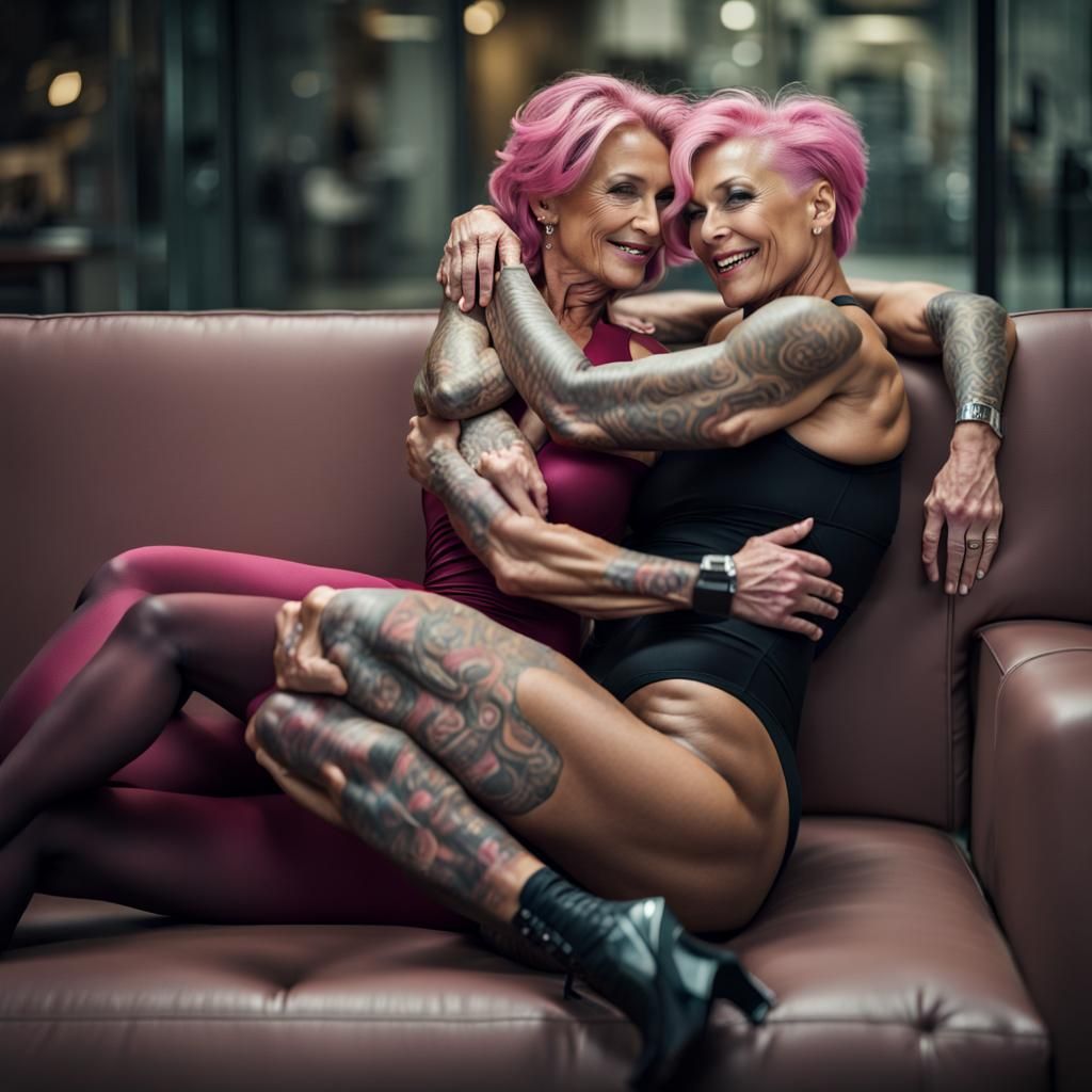 Ripped Female Bodybuilders Relaxing in Shopping Mall