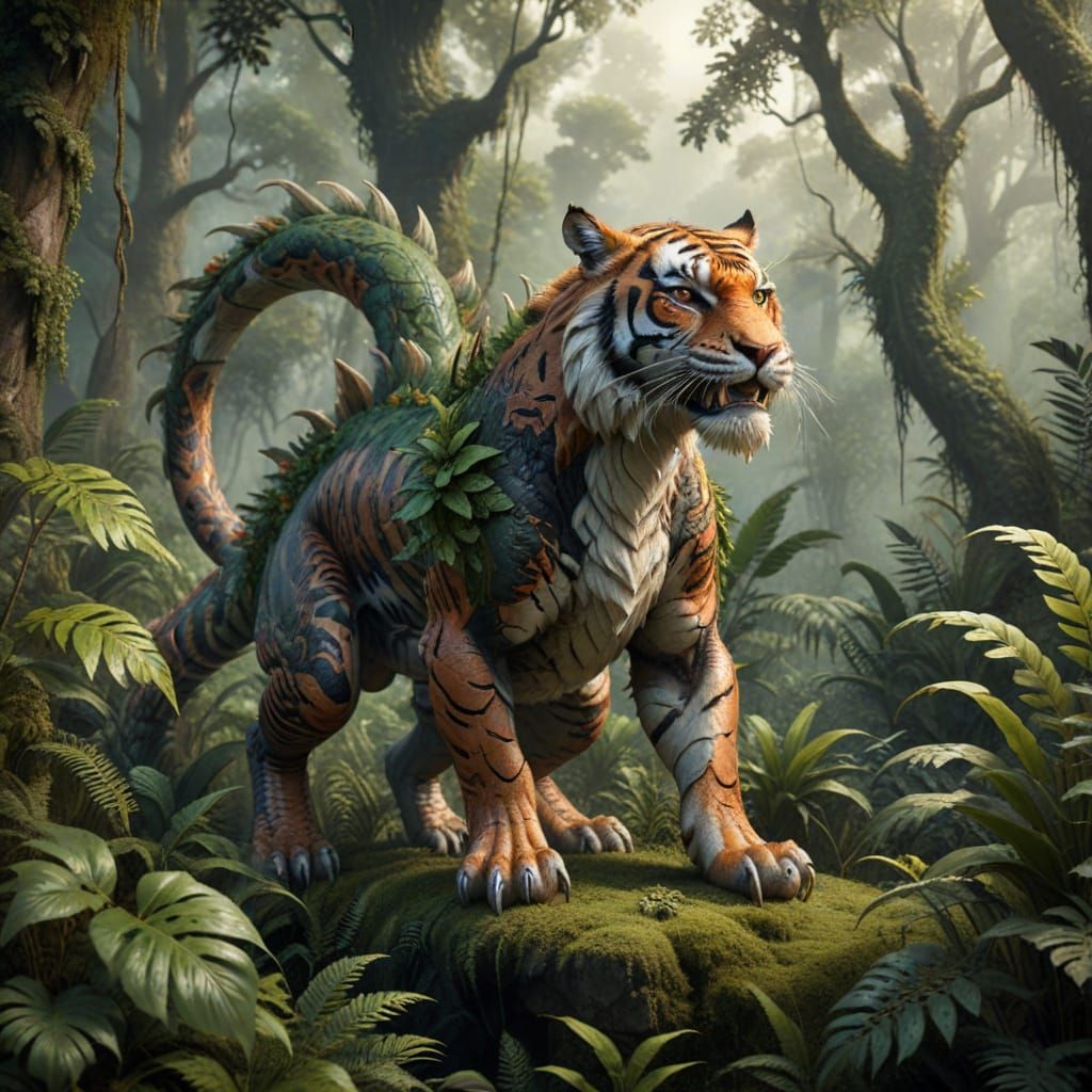 realistic hybrid creature, cross of a Tiger and a European style Dragon, standing in a thick jungle