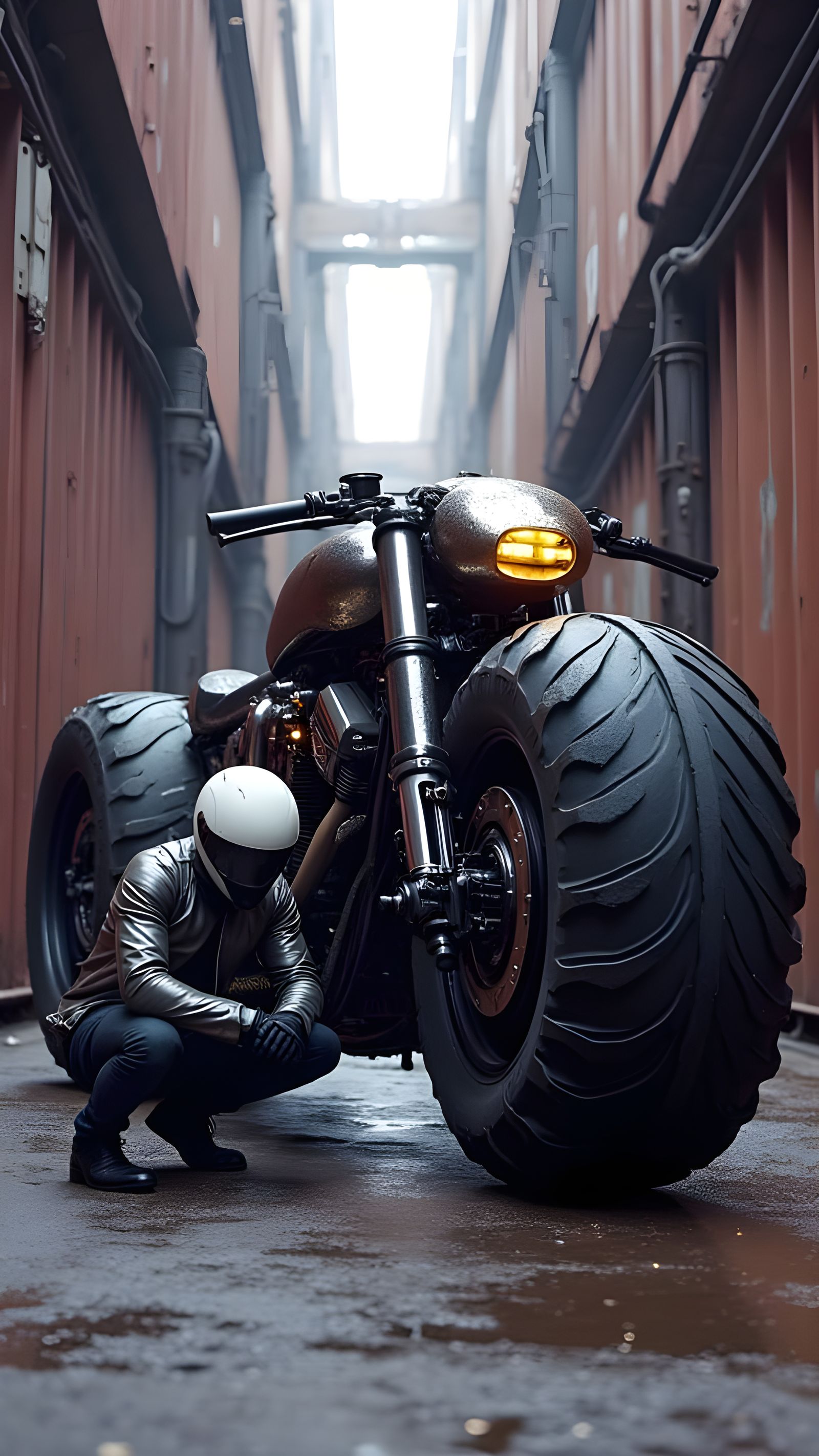 Massive Futuristic Motorcycle with Giant Tyres in Purple Haz...