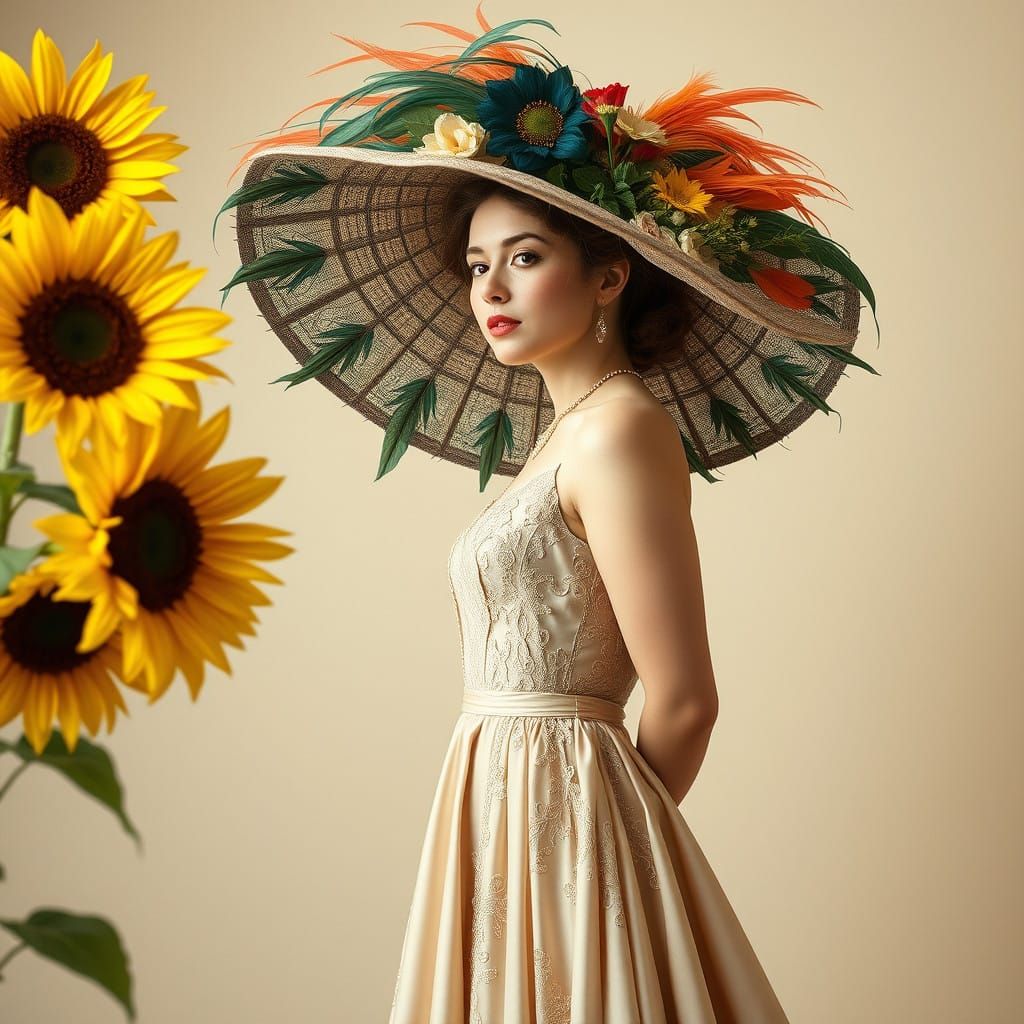 Elegant Woman in Art Nouveau Evening Gown with Floral Decor