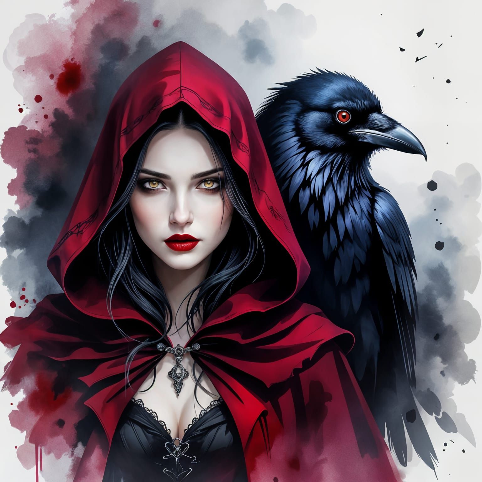 Mysterious Woman in Crimson Cloak with Majestic Raven