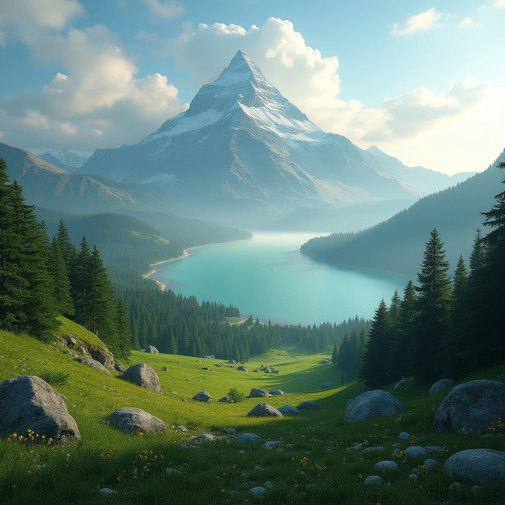 Spectacular Mountain Vista with Emerald Valley and Serene La...