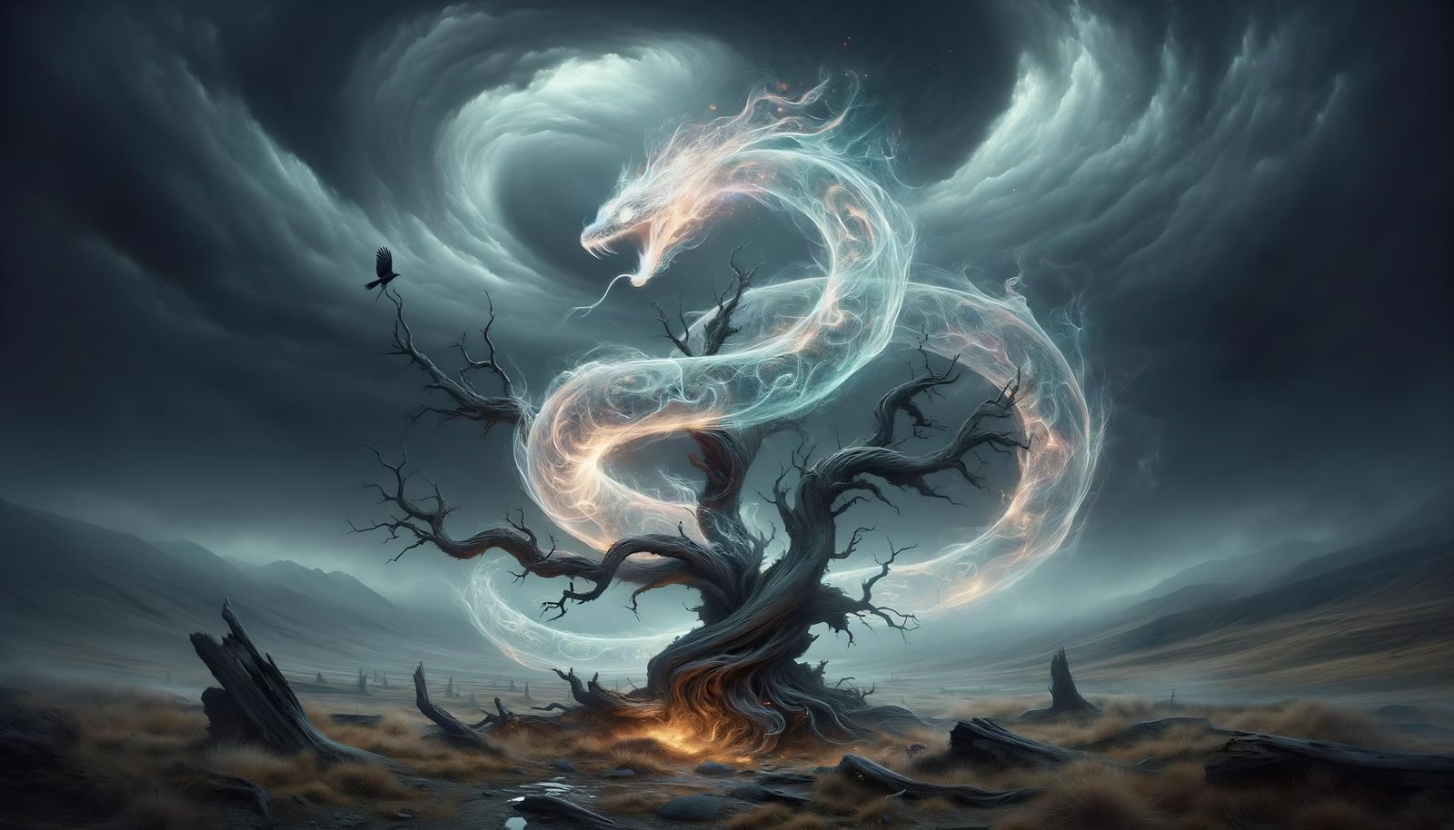 Spectral Serpent Spiraling Around Barren Tree
