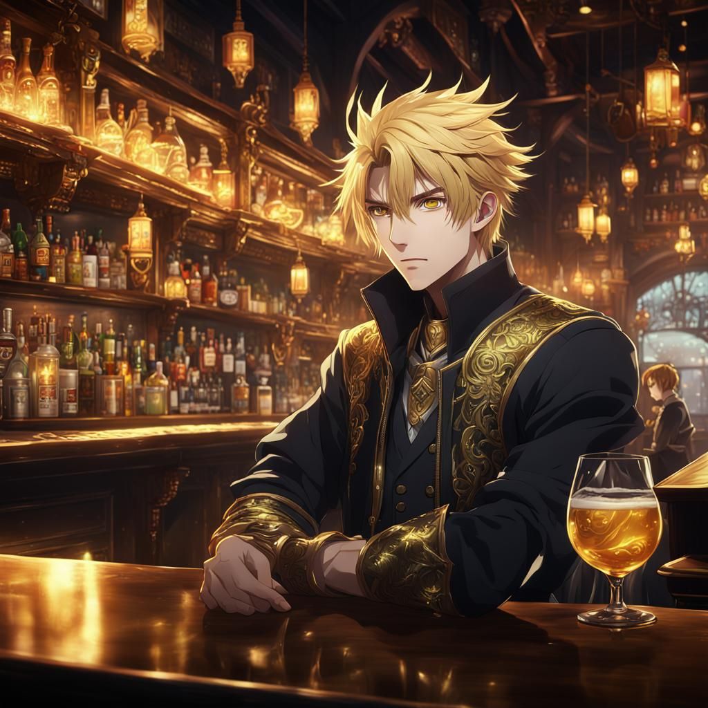 Anime Boy in Bar: Detailed Fantasy Concept Art