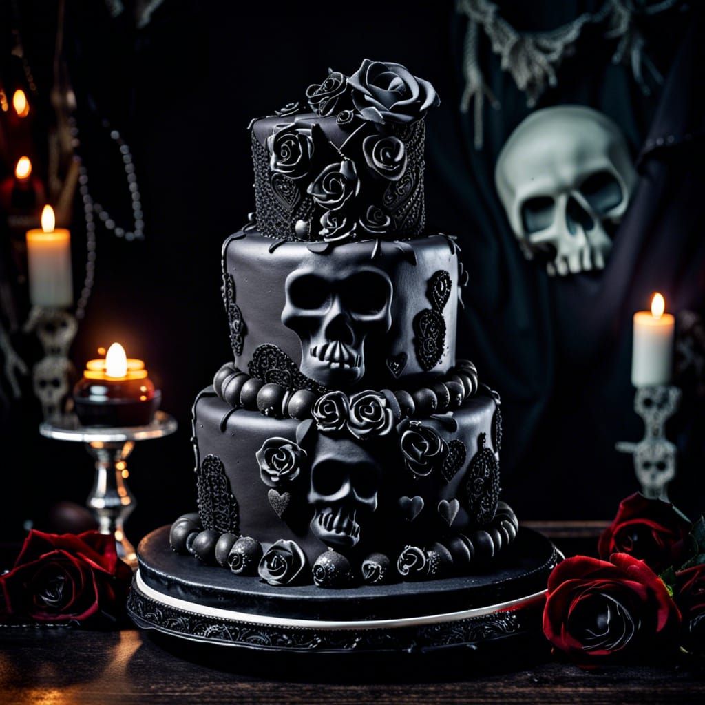 Gothic Cake with Skulls and Black Roses