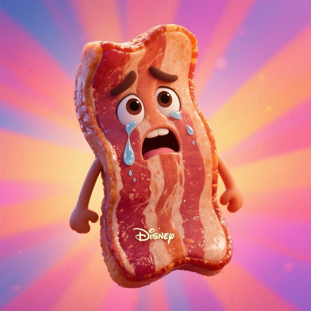 Sad Anthropomorphic Bacon Crying in Pixar Style