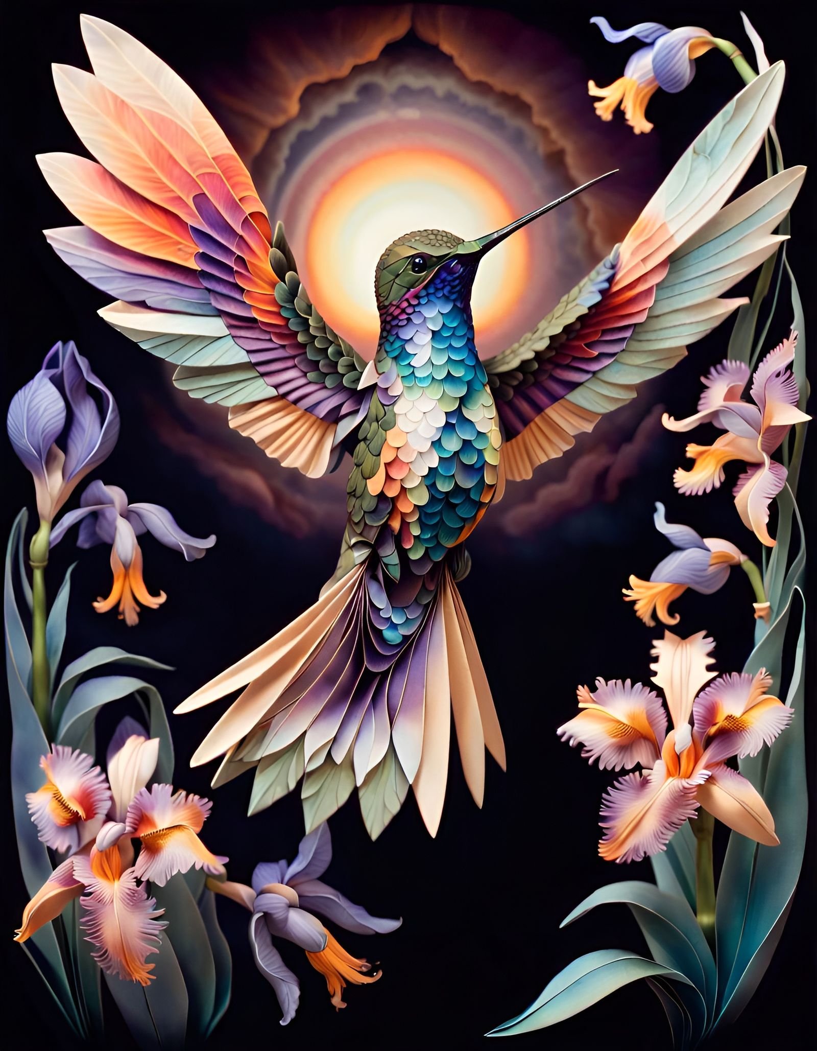 Origami Hummingbird with Bioluminescent Flowers