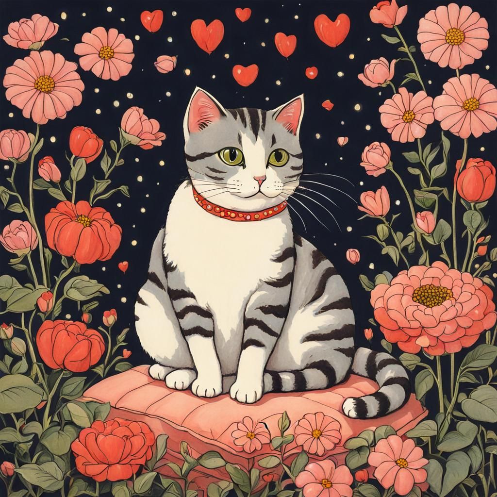 Cute Cat Surrounded by Flowers in Storybook Style