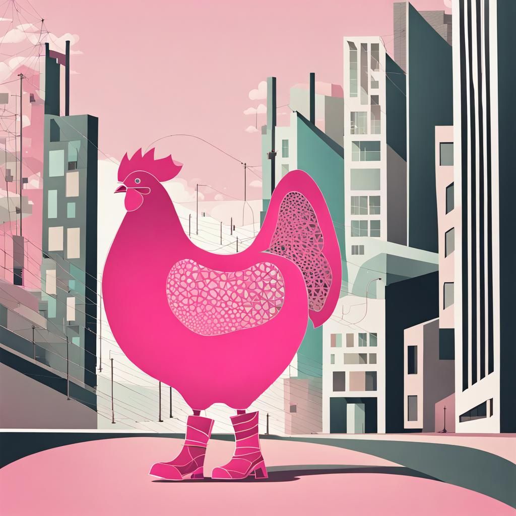 Stylish Pink Hen in City, Mid-Century Modern Art