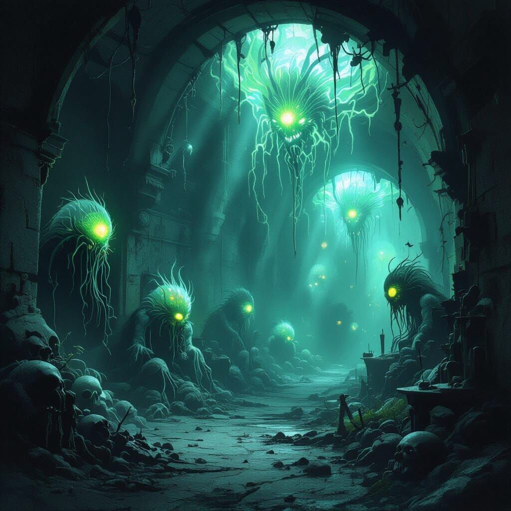 Eerie Bioluminescent Creatures in Dimly Lit Backroom