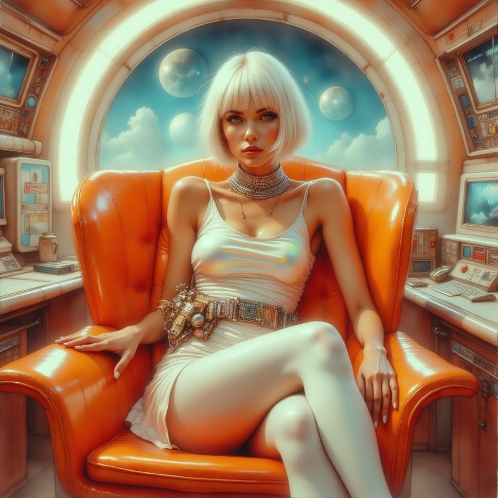 Retro-Futuristic Woman in Control Room, Hyper-Realistic Art