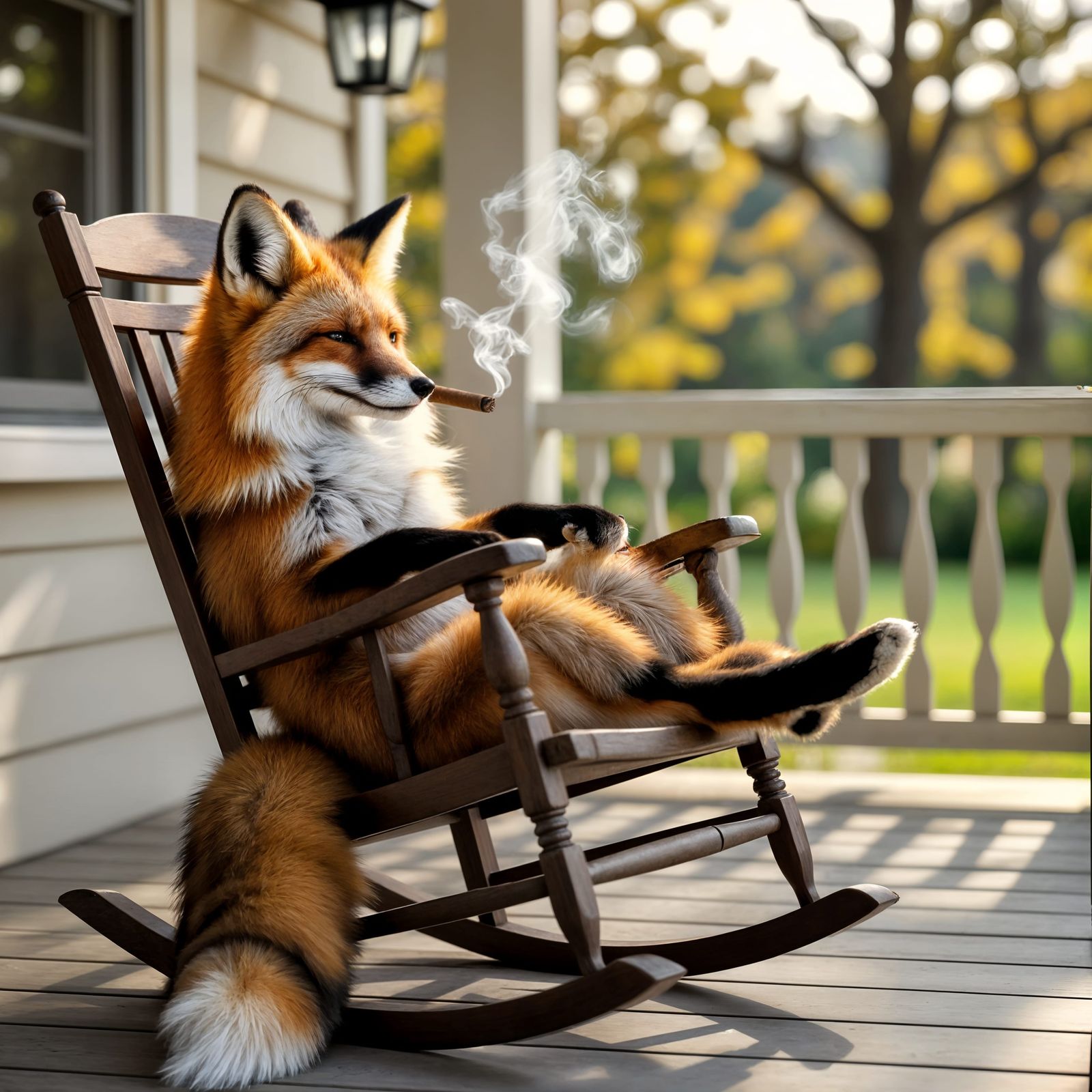 Fox Smoking Cigar on Country House Porch