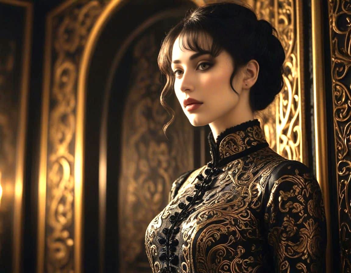 Ethereal Black and Gold Portrait in Art Nouveau Style