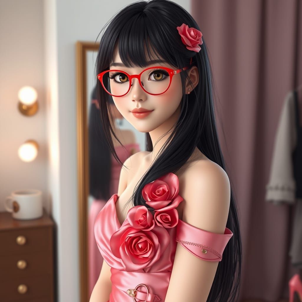 Hyper Realistic Young Woman in Rose Gown with Rose Accents