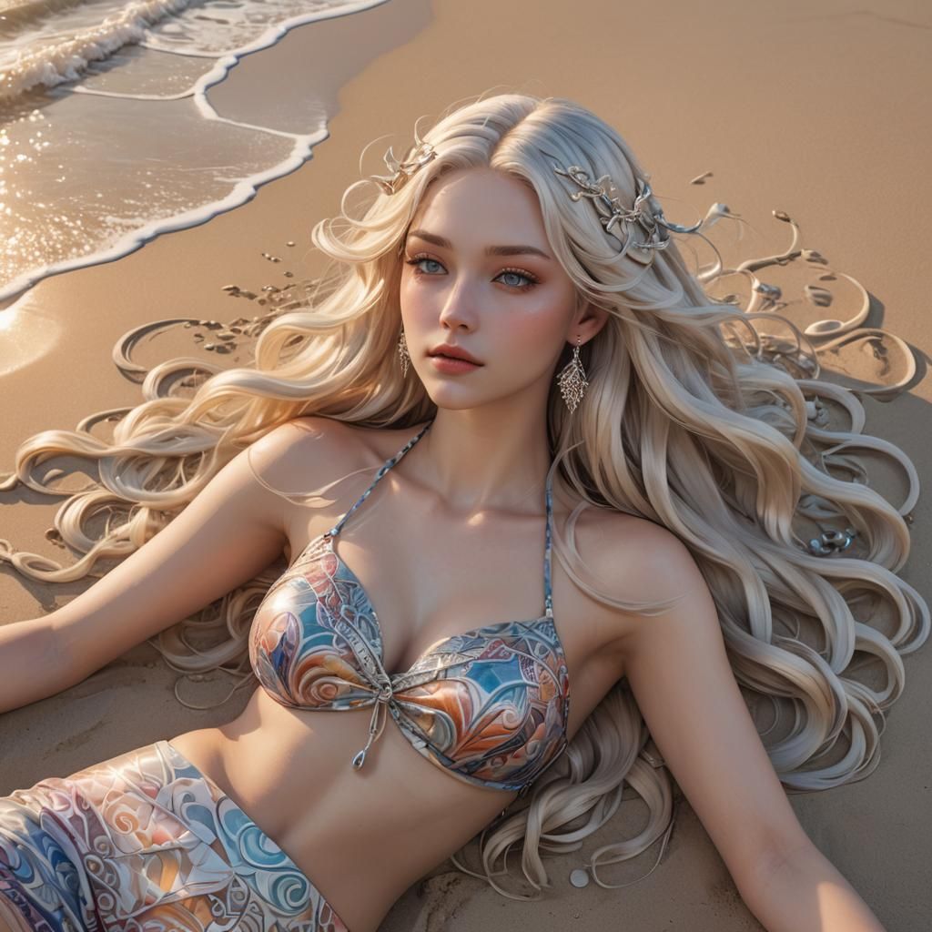 Pink Haired Woman on Beach in Anime Style