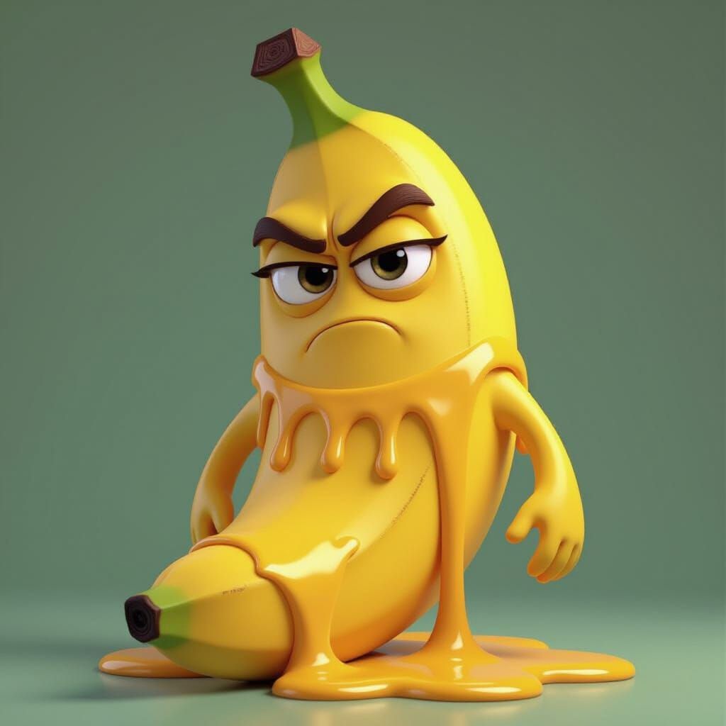 Grumpy Banana Character Covered in Dripping Glue
