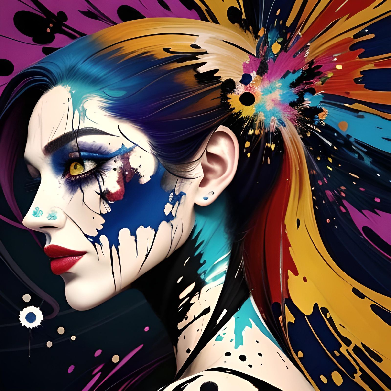 Surreal Woman Portrait with Vibrant Ink Splatters