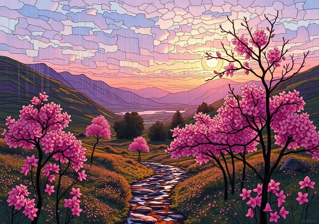 Scottish Spring Landscape in Evening Light, Stained Glass St...