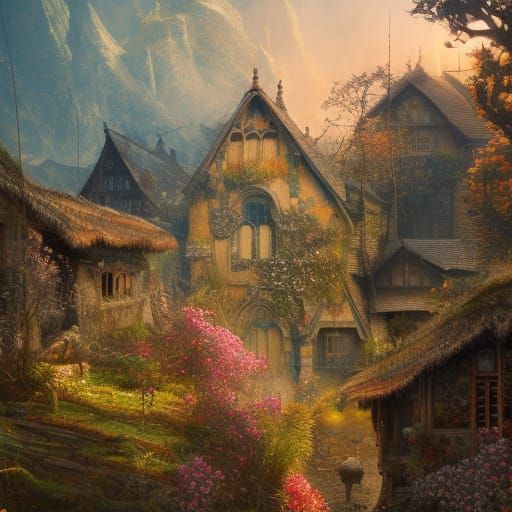 Picturesque Mountain Village View in Steampunk Style