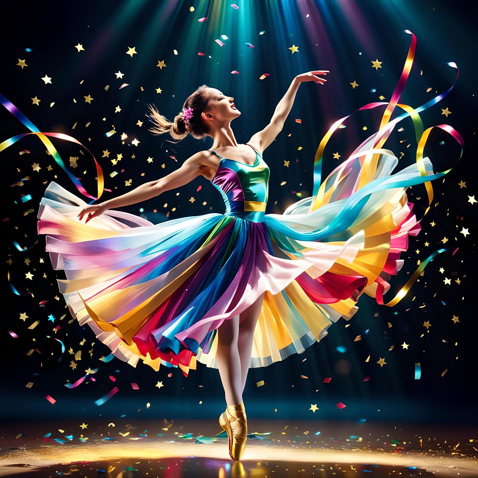 A female ballerina wearing a beautiful iridescent dress made of silk and gossamer, she is holding colourful ribbons in e...