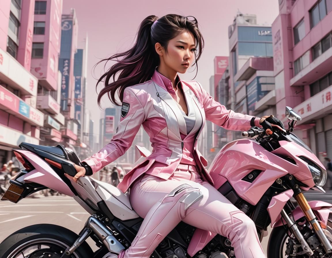 Asian Woman on Pink Motorcycle in Manga Style