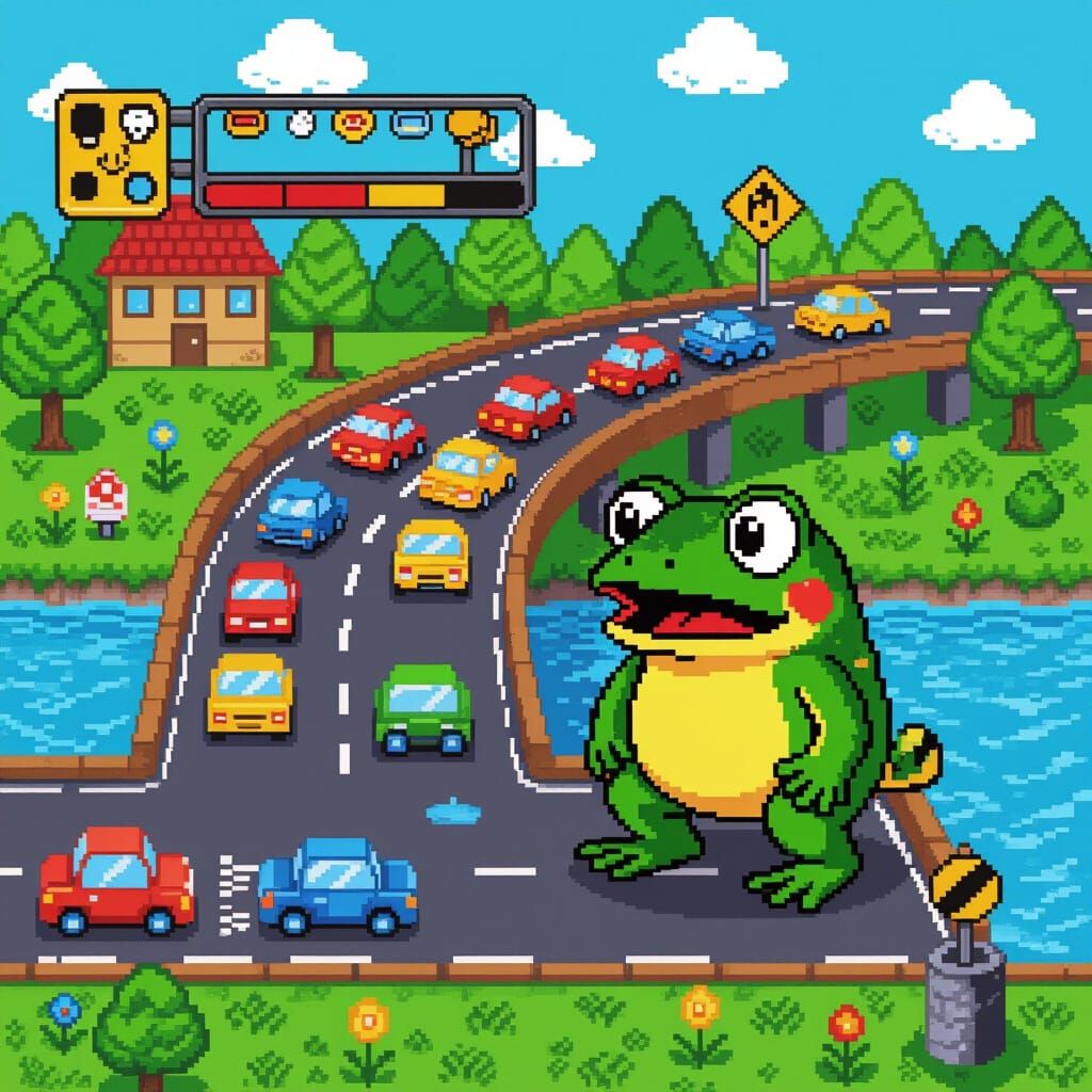 8bit video game. A shocked Frogger stares at all the traffic...