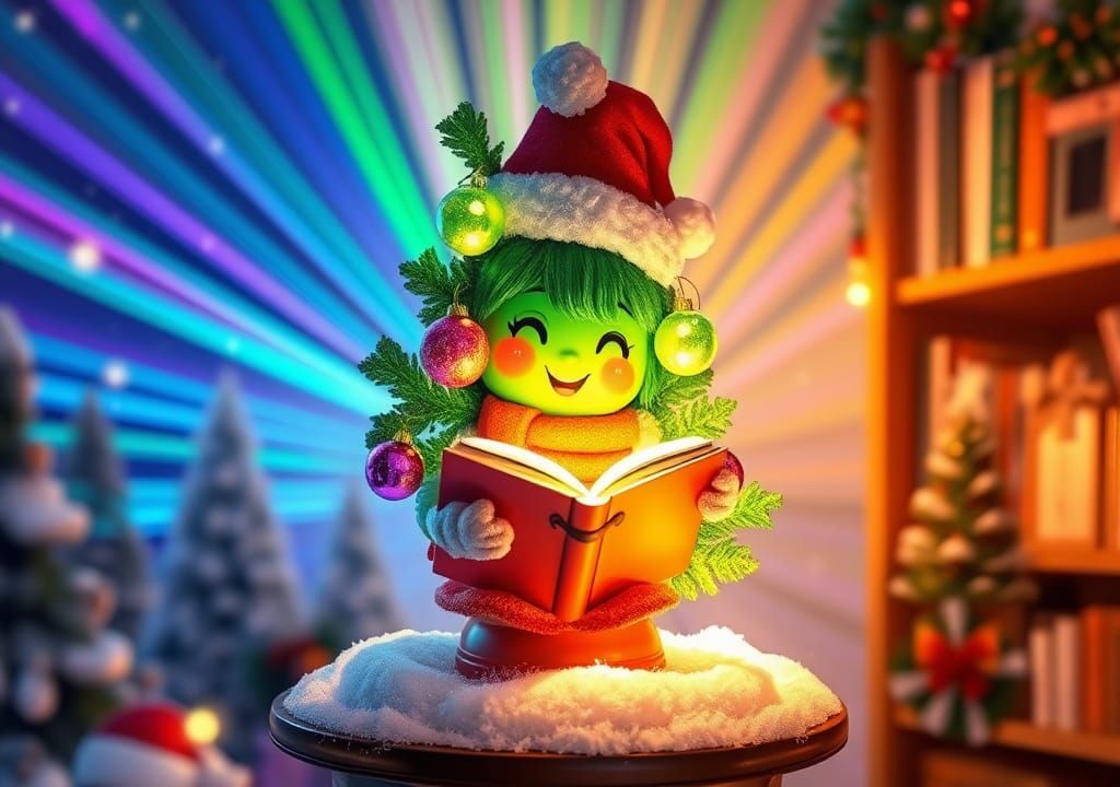 Chibi Christmas Tree Reads Book on Bookshelf