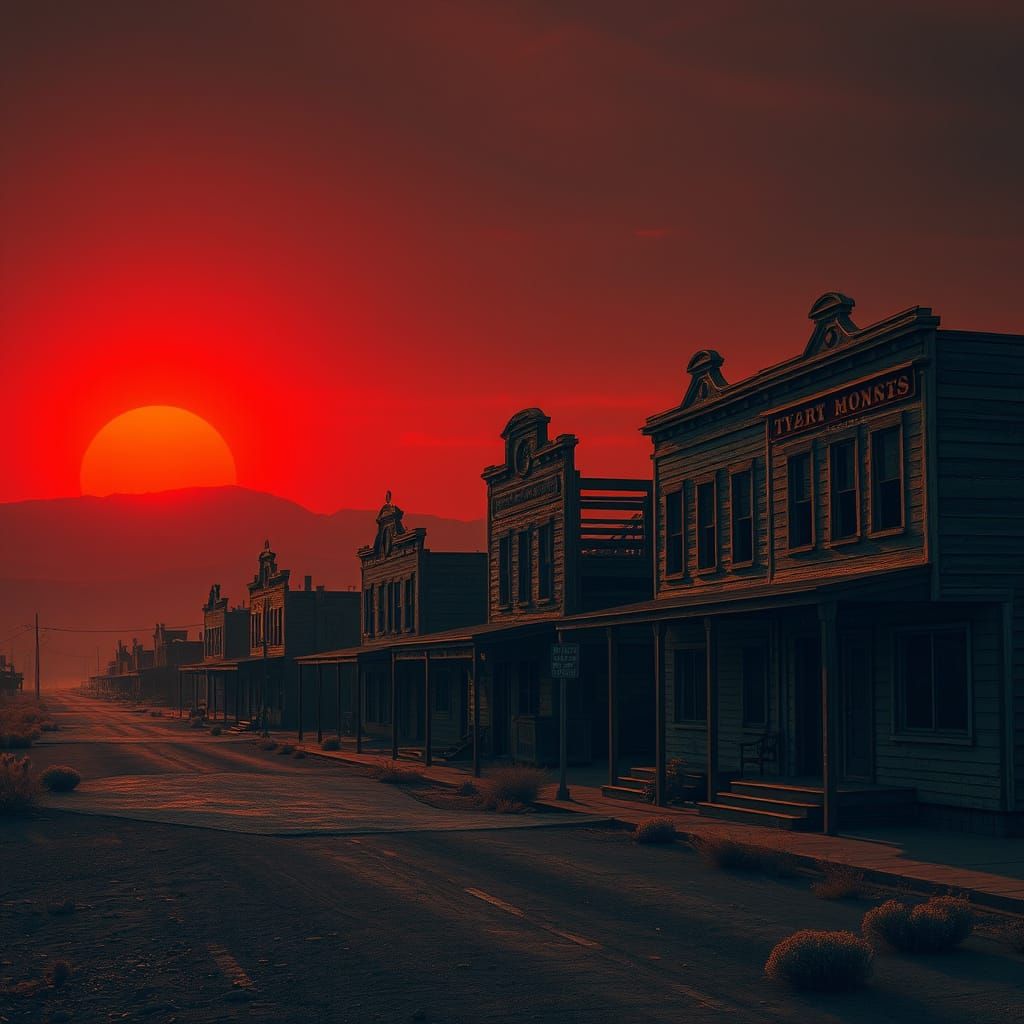 Ghost Town Silhouette at Sunset in Gritty Style
