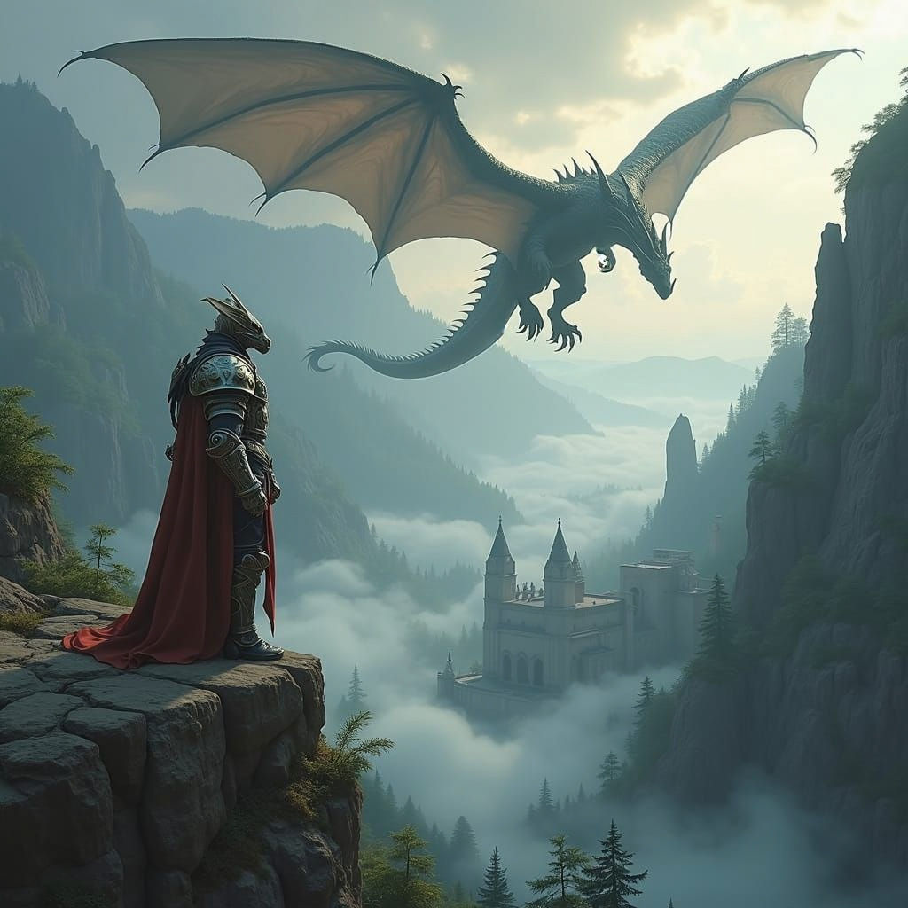 Dragonborn Paladin and Bronze Dragon in Misty Valley