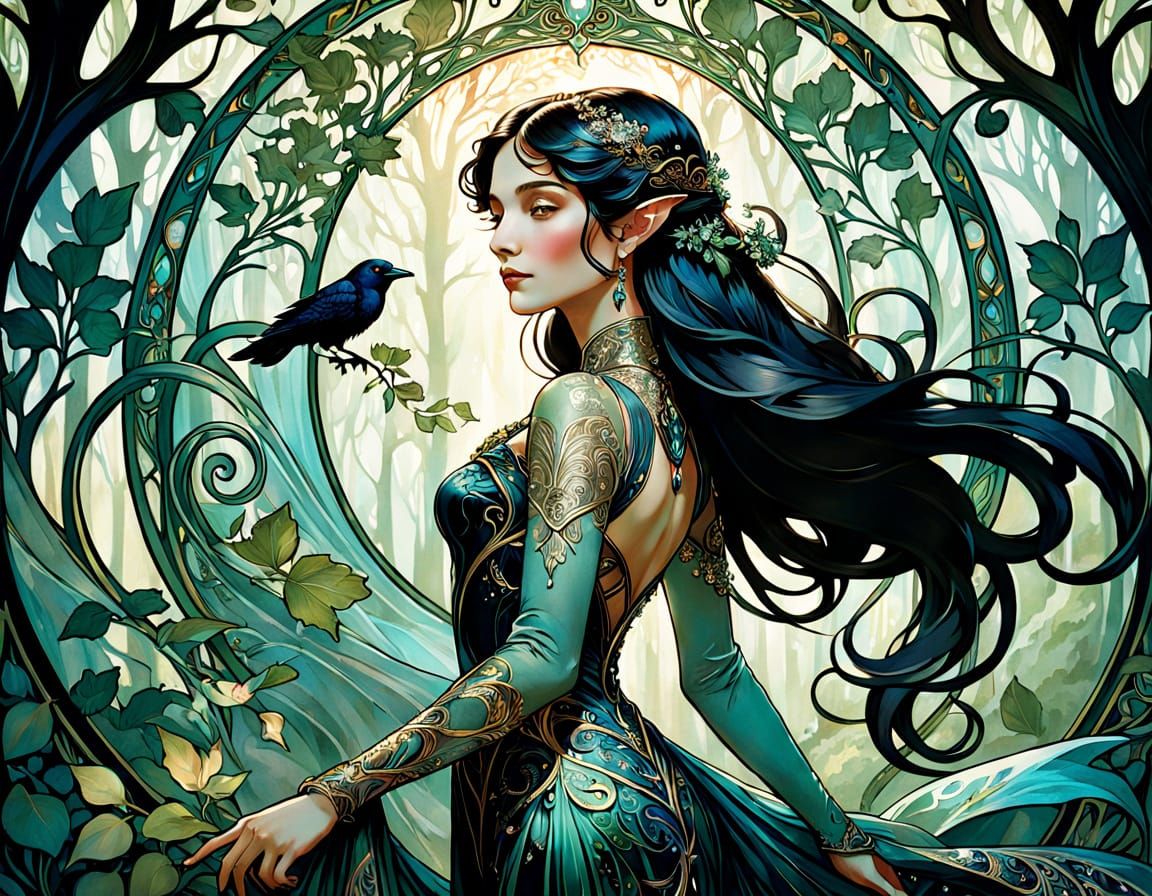 Regal Elven Queen in Art Nouveau Style