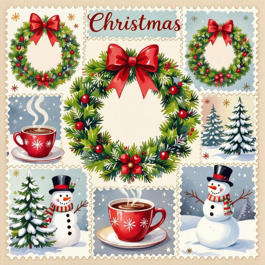 Christmas Stamp Collage with Cocoa in Painterly Style