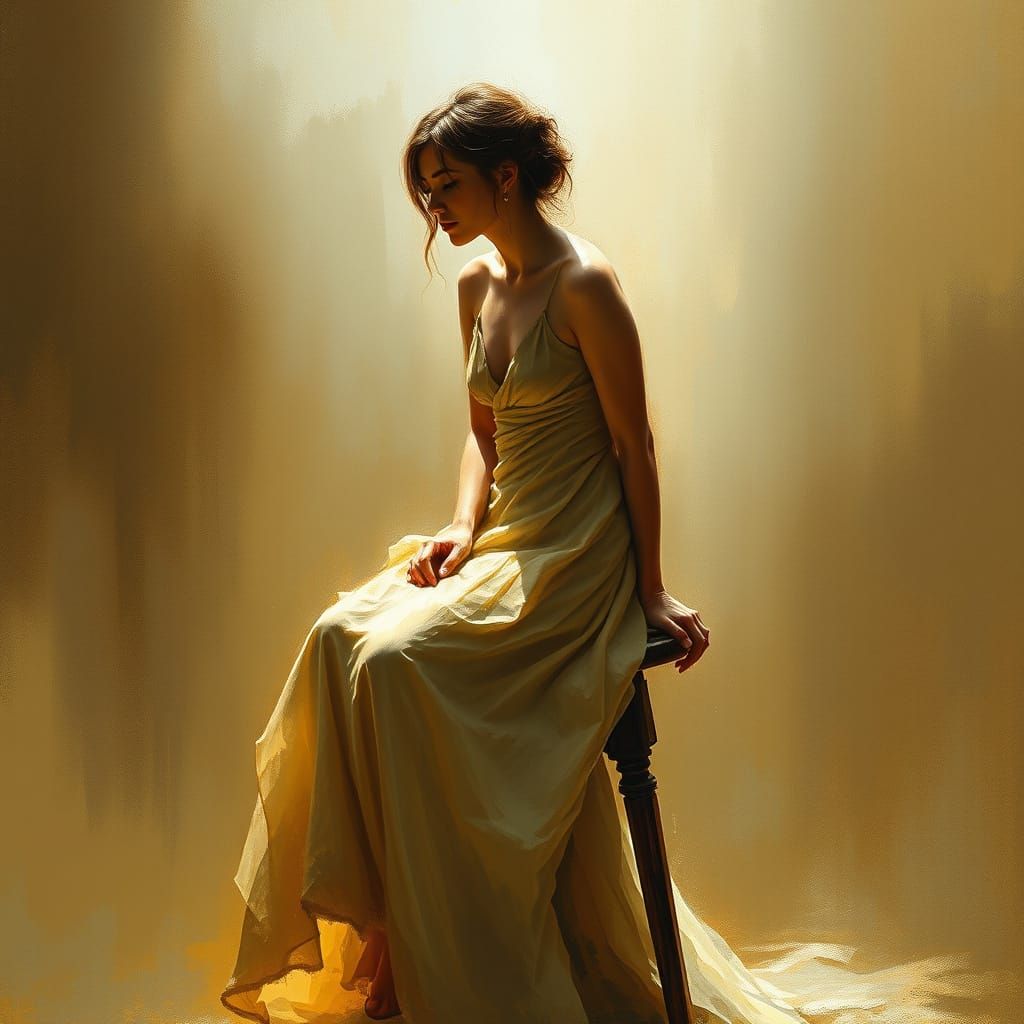 Contemplative Woman in Flowing Dress, Charcoal Art