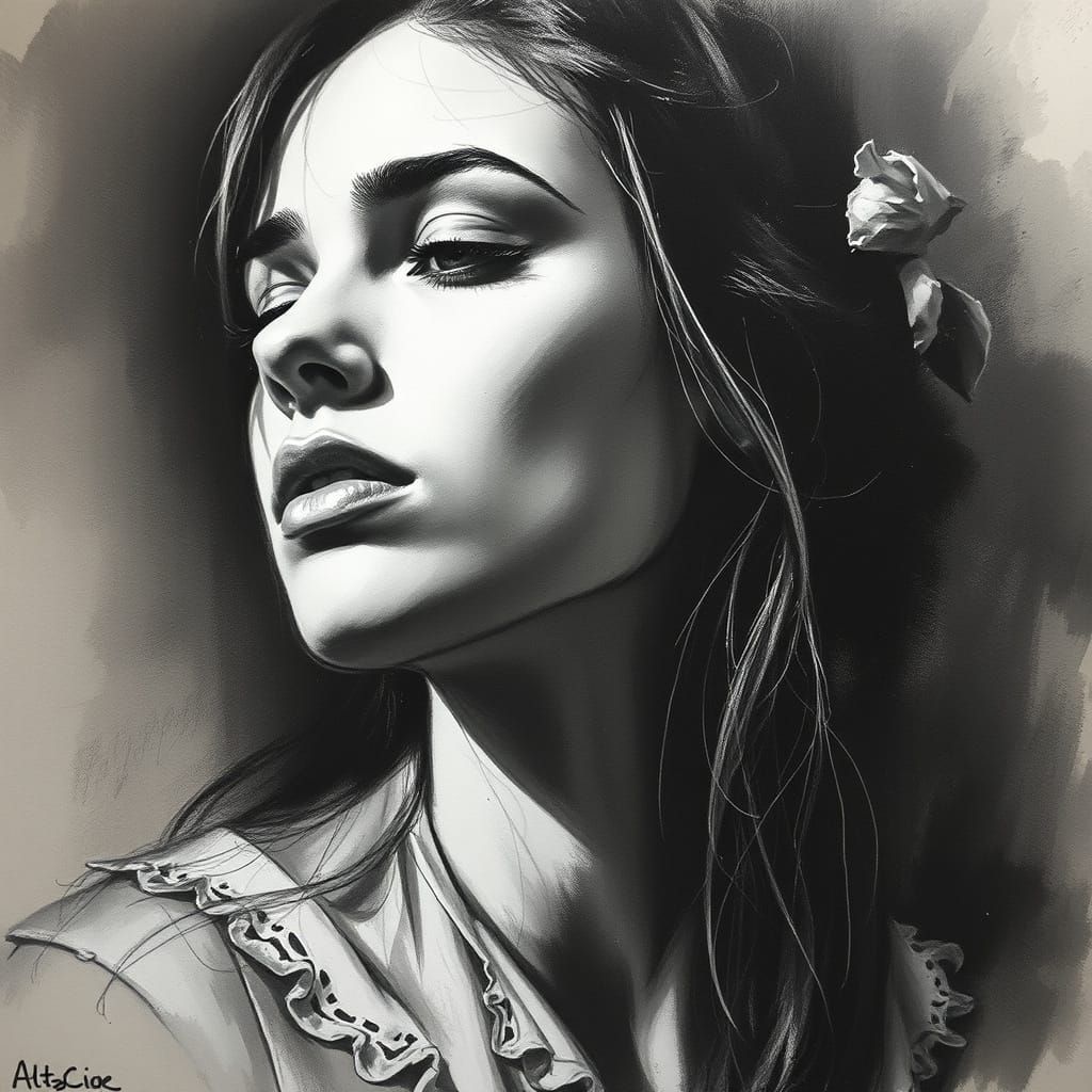 Charcoal Drawing of Woman with Expressive Brushwork