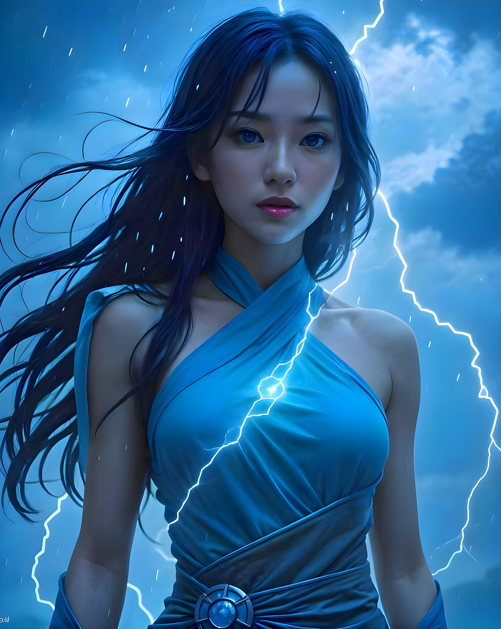 Ethereal Blue Skinned Superheroine Radiates Power in Stormy...