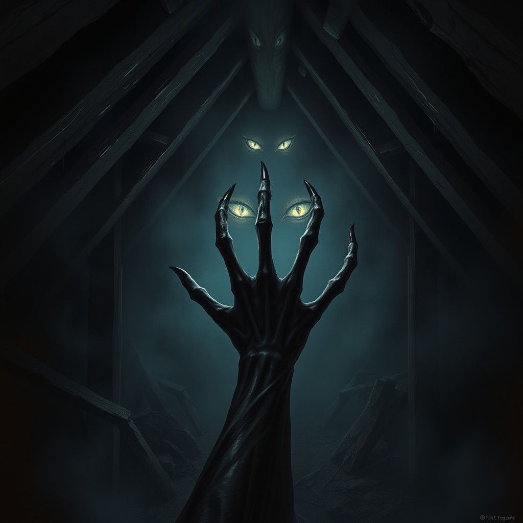 Eerie Attic with Glowing Eyes in Matte Painting Style