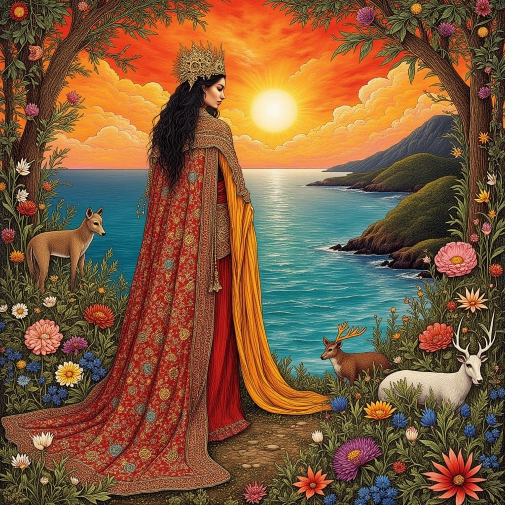 <lora:Concelo:1.0> A cloaked woman surrounded by animals and plants near the sea in ancient style <lora:Archetypal Image...