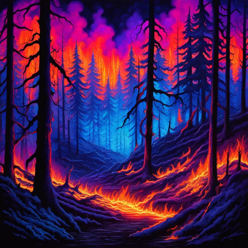 Blacklight Forest Fire: A Glowing Inferno