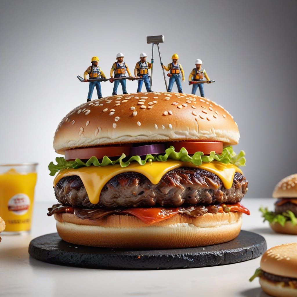 Giant Burger Carried to Table by Miniature Construction Work...