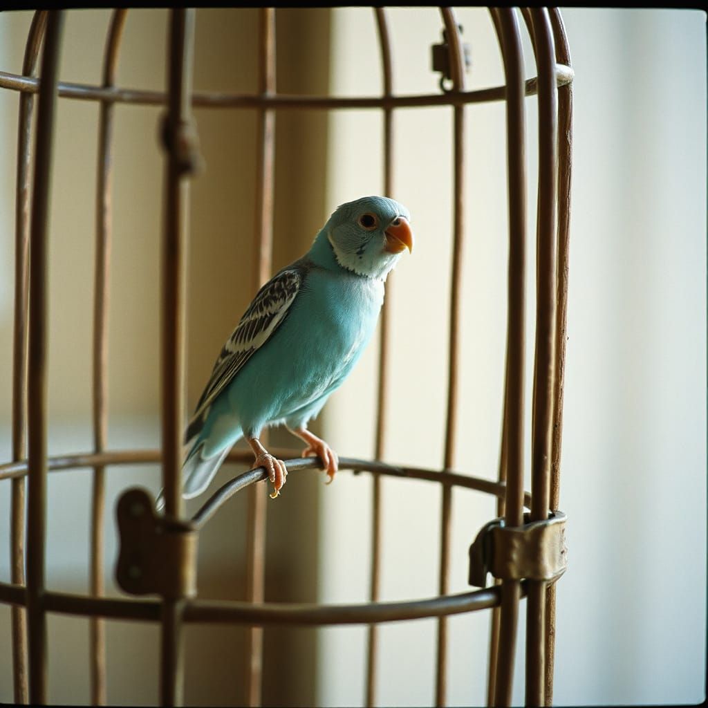 Turquoise Finch on Antique Birdcage: Cinematic Still