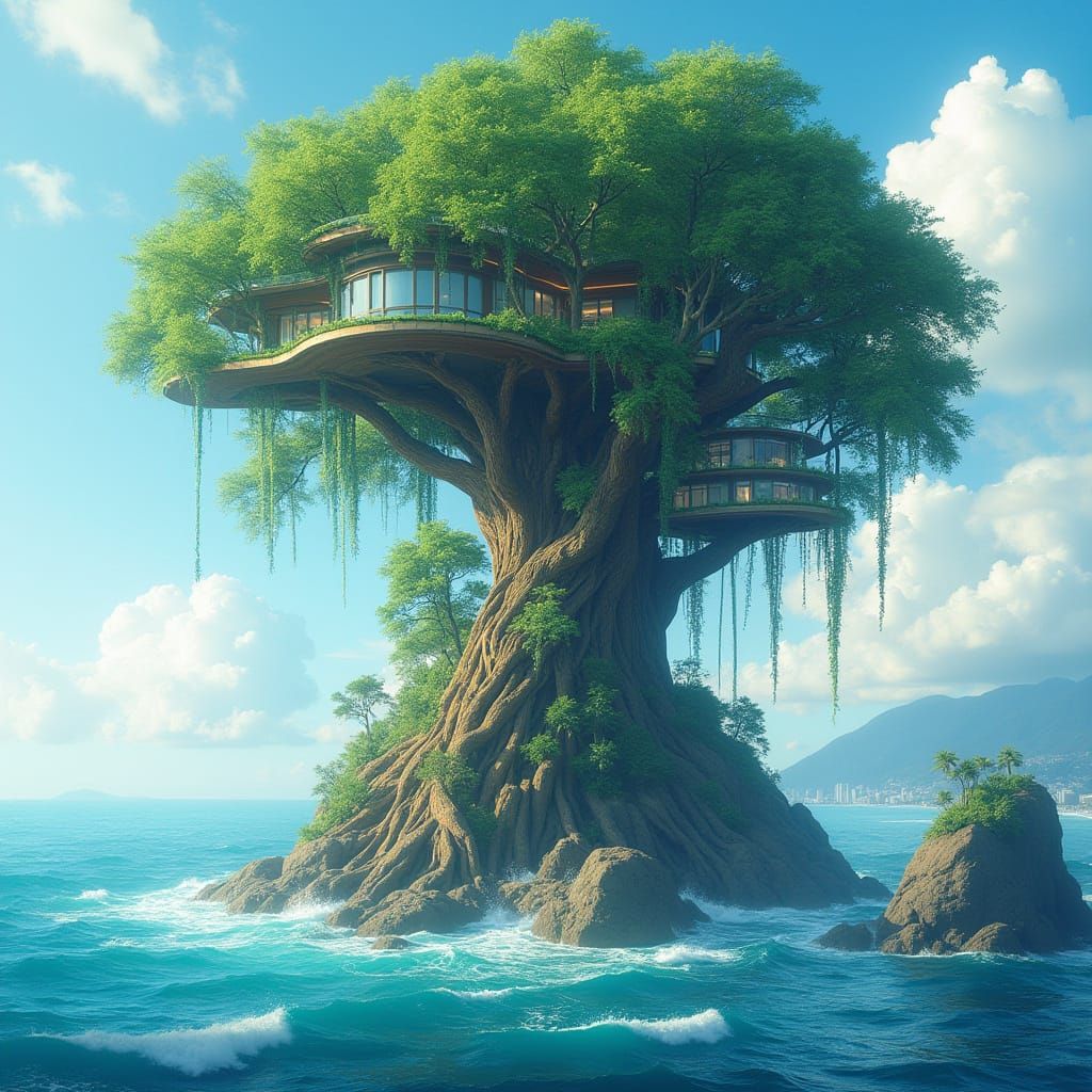 Ancient Oak Tree Supports Futuristic Greenhouse in Turquoise...