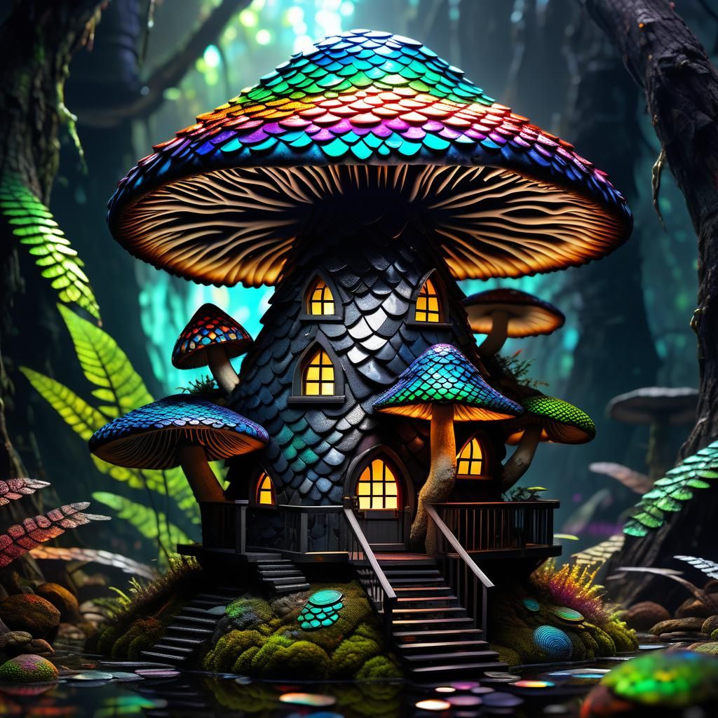 Reptilian Mushroom House in Hyperrealistic Anime Style