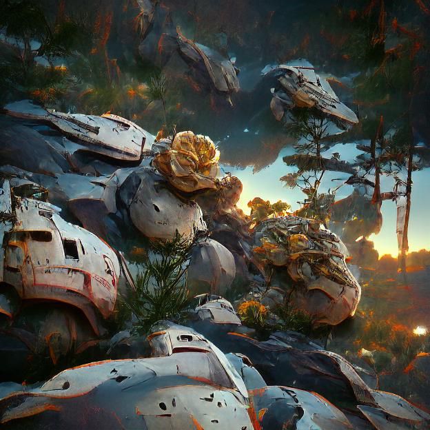 Starships at war, pines in bloom, large intricate floating r...