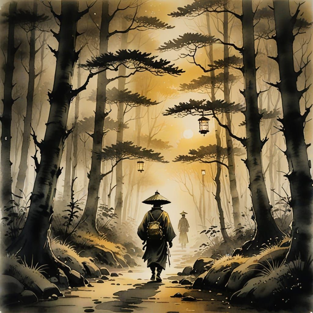 Wanderer in Misty Forest: Sumi-e Ink Wash Painting