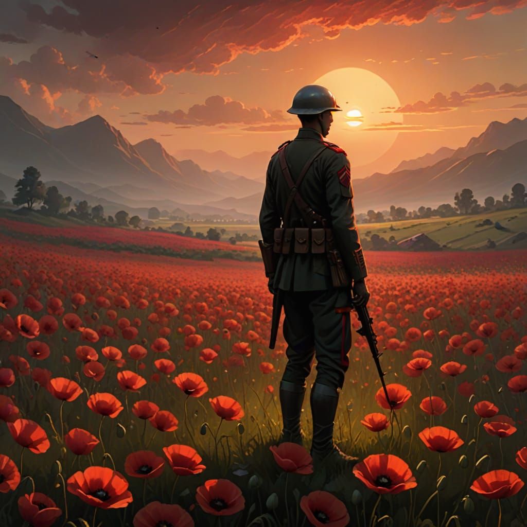Soldier Reflects Amidst Poppies at Sunset