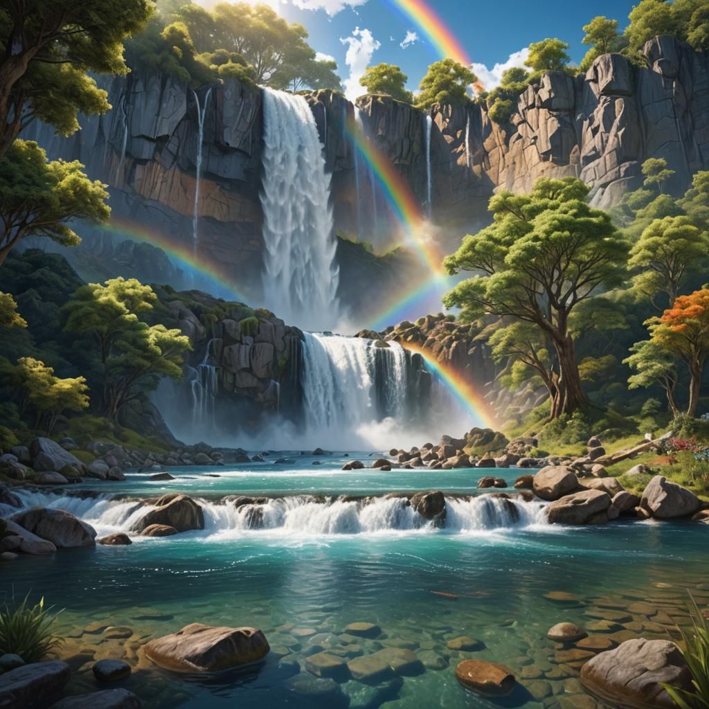 Rainbow Waterfall Nature Scene in Detailed Matte Painting