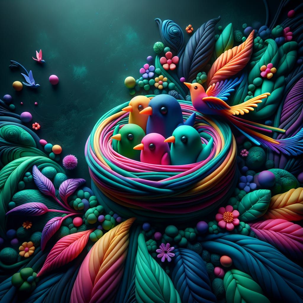 Whimsical Play-Doh Birds in Fantastical Nest