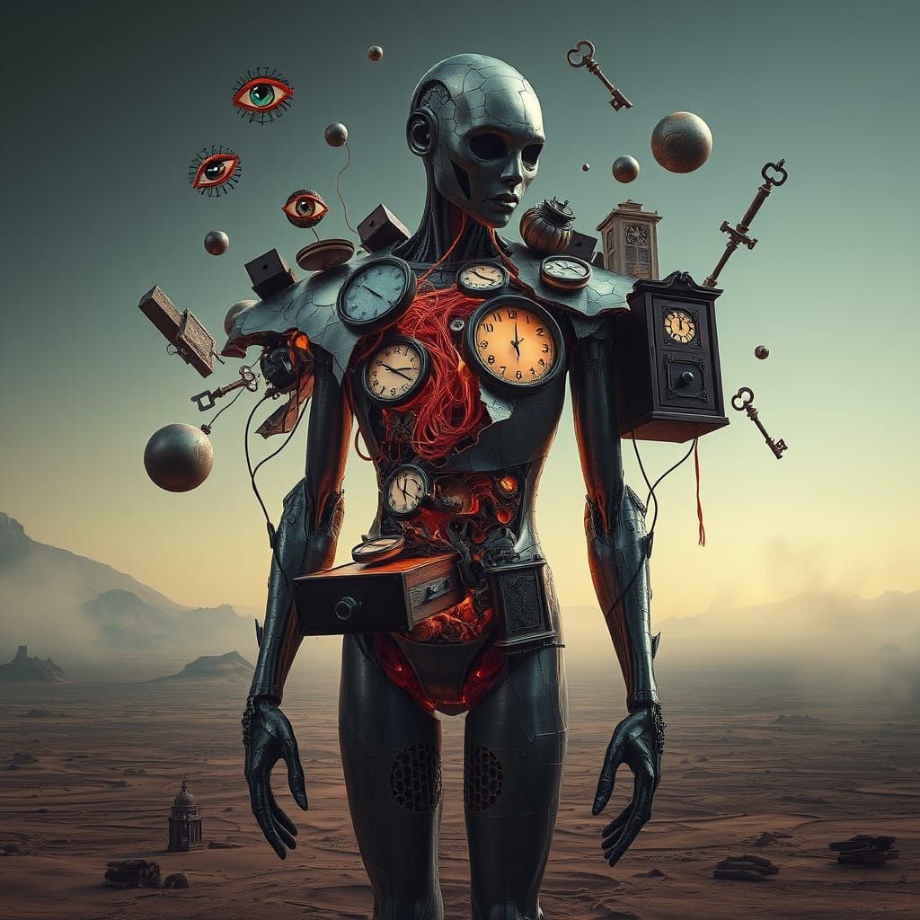 Surreal Biomechanical Figure with Peeling Skin and Neon Ener...