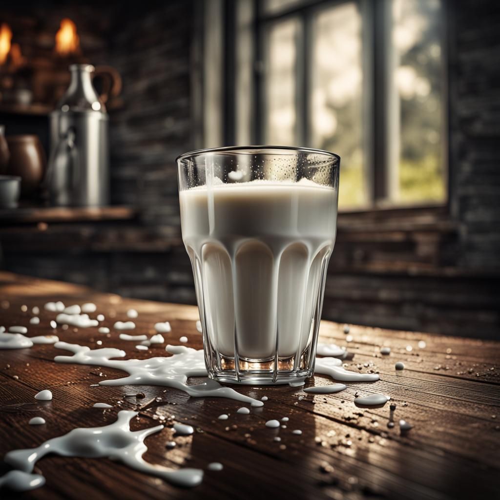 Milk Pouring on Rustic Table: Hyperrealistic Image
