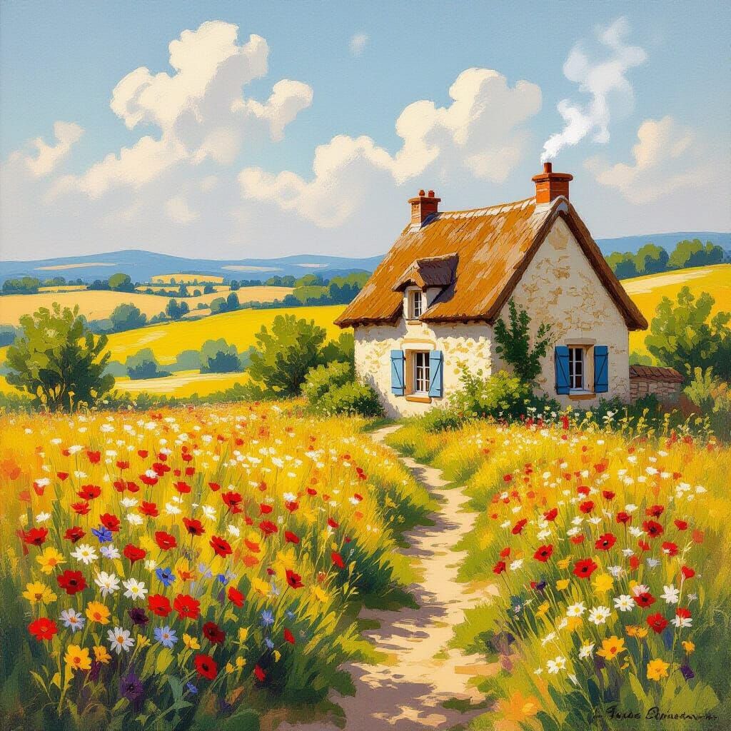Sun-Drenched French Meadow in Impressionist Style